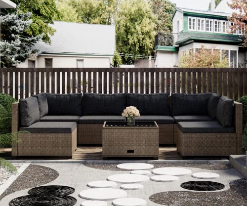 LHBcraft 7 Piece Patio Furniture Set, Outdoor Furniture Patio Sectional Sofa Set, All Weather PE Rattan Outdoor with Cushion and Glass Table