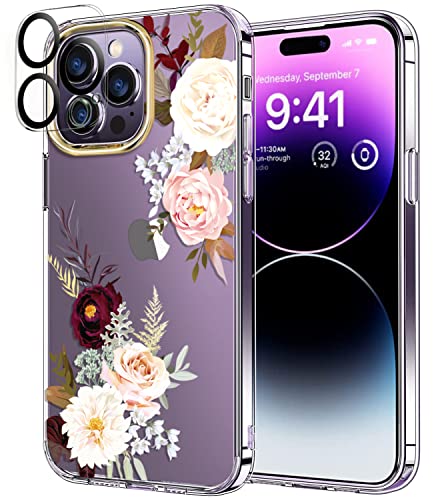 luolnh Compatible with iPhone 14 Pro Max Case with Flowers,for Girly Women,Shockproof Clear Floral Pattern Hard Back Cover for iPhone 14 Pro Max 6.7 inch 2022 -White Pink Rose