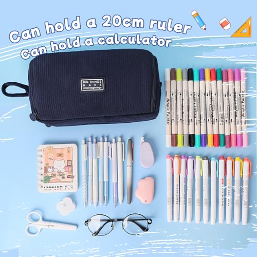 Image of iSuperb Big Capacity Corduroy Pencil Case 3 Compartments Pen Pouch Simple Organizer Bag Large Capacity Pencil Box for Adults (Navy Blue)
