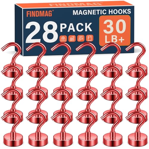 Image of FINDMAG 28 Pack Magnet Hooks, 30LB+ Magnetic Hooks for Cruise Cabins, Red | Strong Magnets with Hooks for Fridge, Refrigerator, Ship, Travel, Office and Classroom, Heavy Duty Cruise Hooks