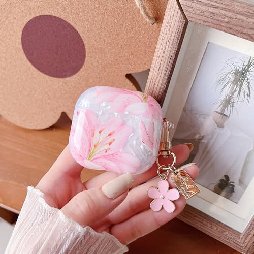 Image of MINSCOSE for Cute Glitter AirPods 4 Clear Case,Flower and Butterfly Shell Pattern Design with Trendy Floral Keychain,Soft TPU Protective Cover with Cleaner Kit for AirPods 4-Pink