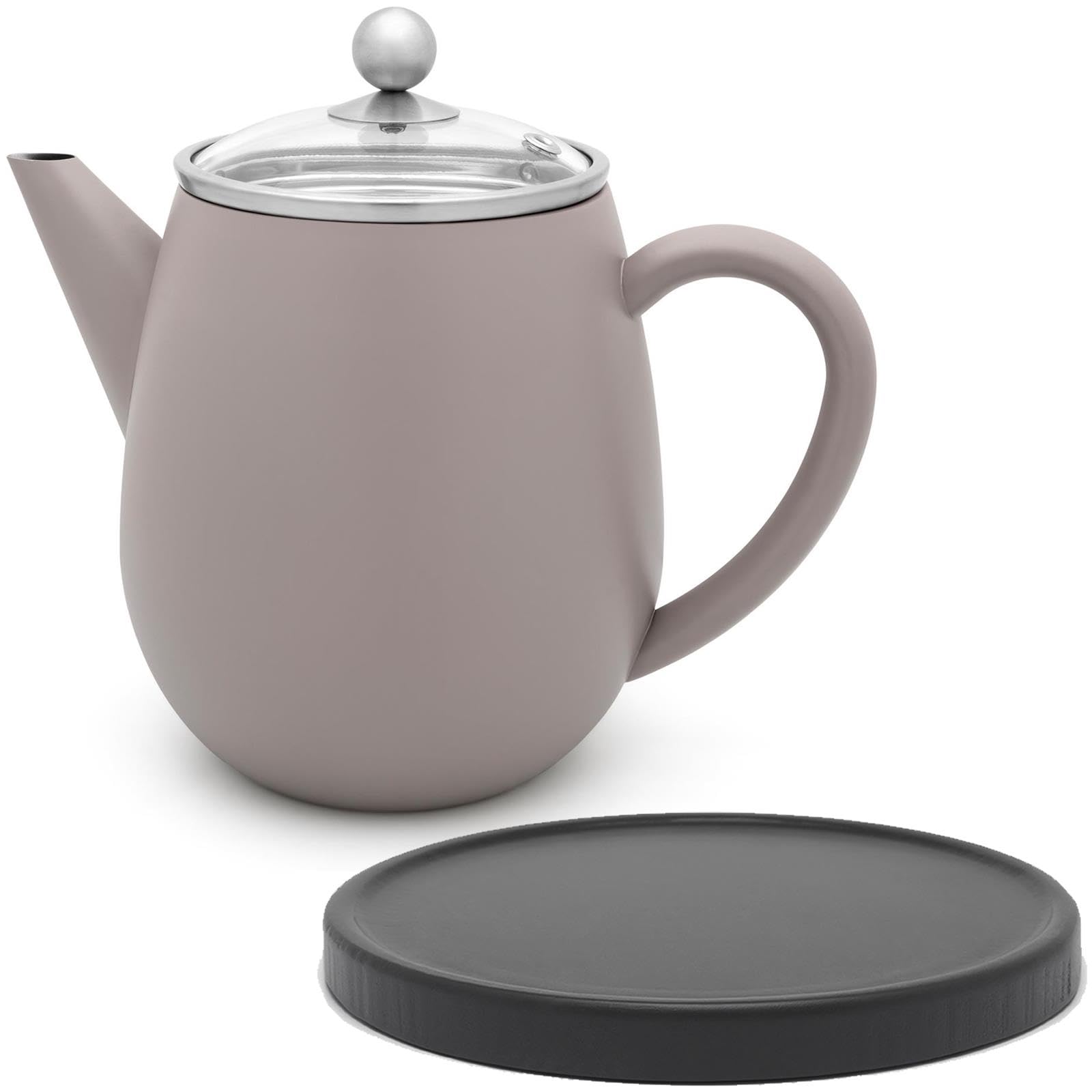 Bredemeijer graue doppelwandige Teekanne 1.1 Liter - isolierende Edelstahl Kanne mit Deckel aus Glas & Tee-Filter Sieb-Einsatz und schwarzem Holz-Untersetzer