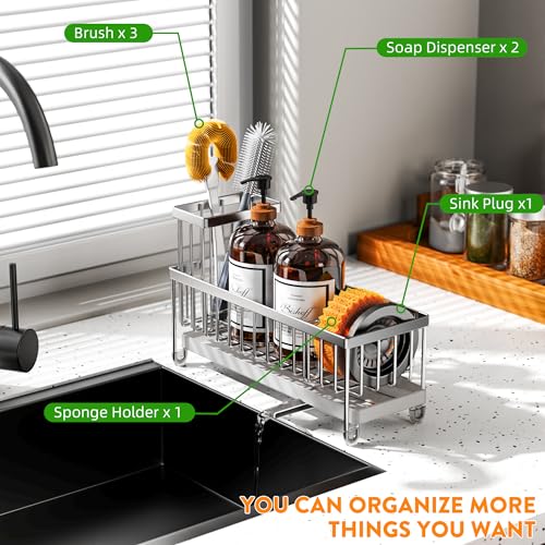 Image of Cisily Sponge Holder for Kitchen Sink, Sink Caddy Organizer with High Brush Holder, Kitchen Countertop Organizers and Storage Essentials, Rustproof 304 Stainless Steel (Large Silver, 10.62″)