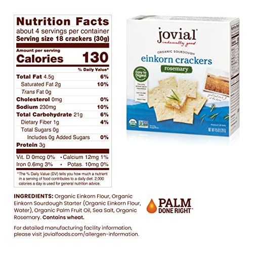 Jovial Organic Sourdough Einkorn Rosemary Crackers - Sourdough Crackers, Crackers For Cheese Platter, Made With Einkorn, Usda Organic, Non-Gmo - 4.5 Oz, 5 Pack #TOP1