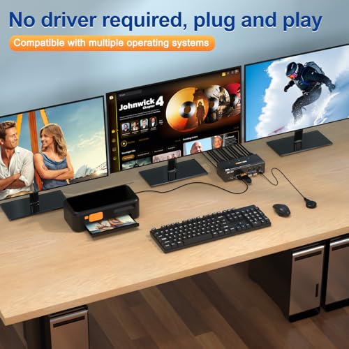 Image of HDMI DP KVM Switch 3 Monitors 3 Computers,8K@60Hz /4K@144Hz Triple Monitor KVM Switches for 3 PC Sharing 3 Monitors, Keyboard and Mouse,with USB Cables,Controller and Power Adapter