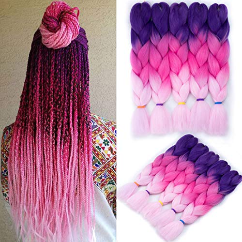 Liyate Jumbo Braiding Hair 24 Inch Crochet Hair Box Braids Ombre Kanekalon Braiding Hair Crochet Braids Synthetic Hair Extensions 5 Pcs/Lot 3 Tone Jumbo Hair for Braids (Purple-Pink-Light Pink)