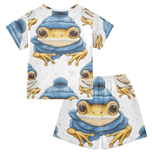Pajama Short Sets Frog Wearing Winter Blue Hat Soft Cotton Summer Sleepwear 2 Piece PJS Size 5-14T2