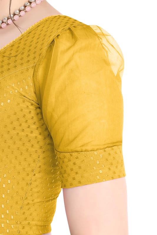 Image of FINESTFIT Stay On Trend Fashion 100% Cotton Readymade Blouses for Women,Round Neckline with Organza Balloon Sleeves.