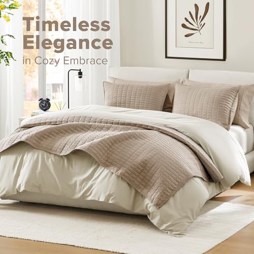 Comfort Spaces Kienna Quilt Set- Double Sided Stitching Design Summer Blanket, Lightweight, Soft, All Season Bedding Layer, Matching Sham, Taupe, Coverlet King (104"x90") 3 Piece