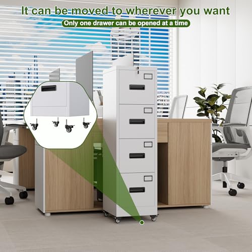 Image of Aobabo Metal 4 Drawer File Cabinet with Lock and Wheels,White | metal filing cabinet for letter /legal files and small office storage.