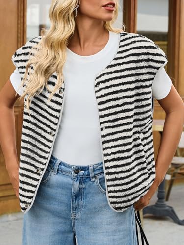 Fisoew Womens Fuzzy Fleece Vest Striped Sleeveless Winter Jackets Button Down Sherpa Vest Outwear With Pockets3