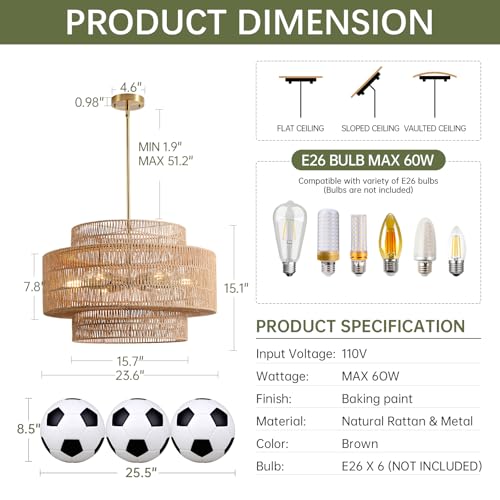 InterMaka 24” Boho Large Rattan Chandelier Light Fixture,6-Light Large Hand Woven Pendant Light Fixture Farmhouse Rustic Chandeliers for Kitchen Bedroom, Dining Room, Living Room, Hallway, Foyer - Image 5