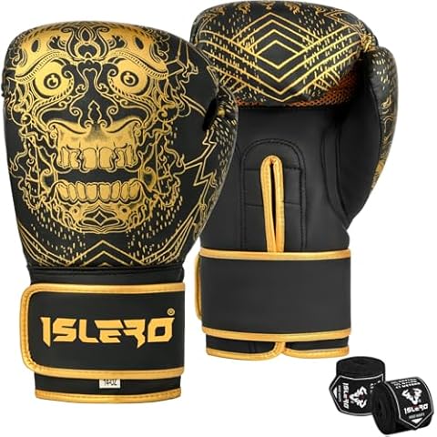 Islero Fitness Matte Black Boxing Gloves with Wraps Cover