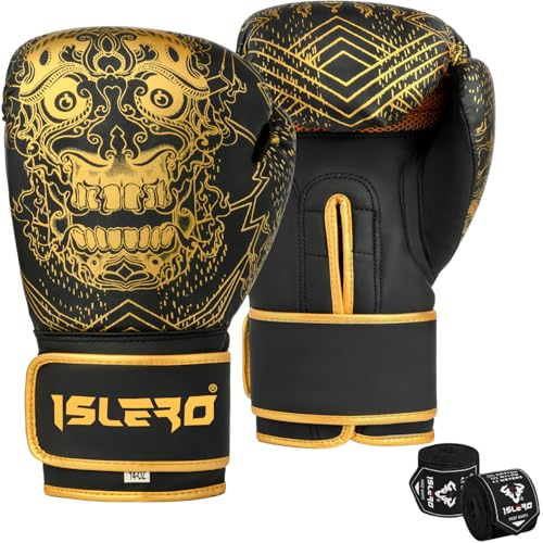 Islero Fitness 12 OZ Boxing Gloves with Hand Wraps, Black