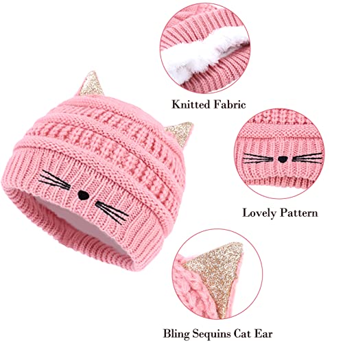 Luckybunny Women Girls Cute Cat Ears Beanie Hat Winter Crochet Knit Cap (Sequins Style - Pink) #TOP4