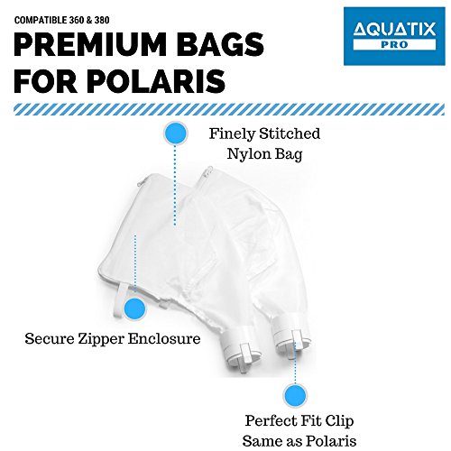 Aquatix Pro Premium Compatible Zipper Replacement Bags For Polaris 360 & 380 (2Pc), Heavy Duty Pool Vacuum Cleaner/Filter Parts, Easy To Install Leaf Bags, Damage Free Enclosure, Full Warranty #TOP5