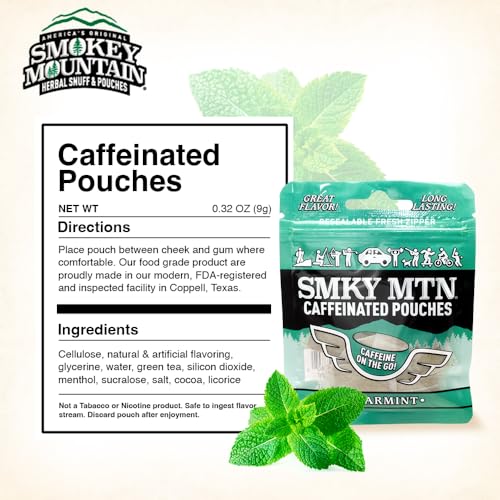 Image of SMOKEY MOUNTAIN Caffeinated Pouches - Spearmint - Tobacco Free and Nicotine Free - 15 Pouches Per Pack - 5 Packs
