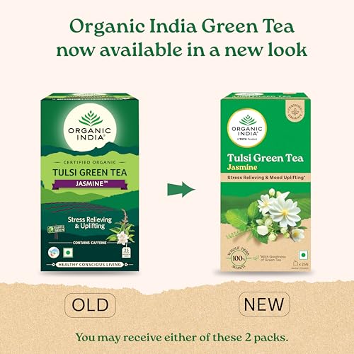 Image of A TATA Product - Organic India Tulsi Green Tea Jasmine - 25 Tea Bags, Certified Organic, Stress Relief, Mood Uplifting, Antioxidant Power, Soothing Jasmine Blend
