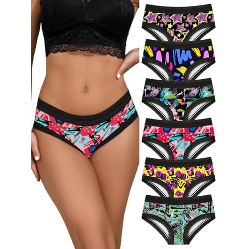 Morvia 6pcs Women Underwear Gothic Sexy Halloween Skulls Roses Allover Print Contrast Lace Hipsters Panties XX-Large Graffiti Print