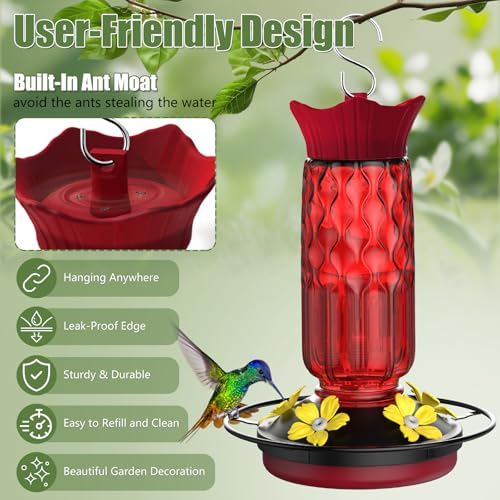 Hummingbird Feeders for Outdoors, Hanging Hummingbird Feeder with 5 Flower-Shaped Feeding Ports, 16 Oz Bird Feeder with Bee Proof & Built-in Ant Moat, Outdoor Garden Decor Gifts for Women Mom - Image 4