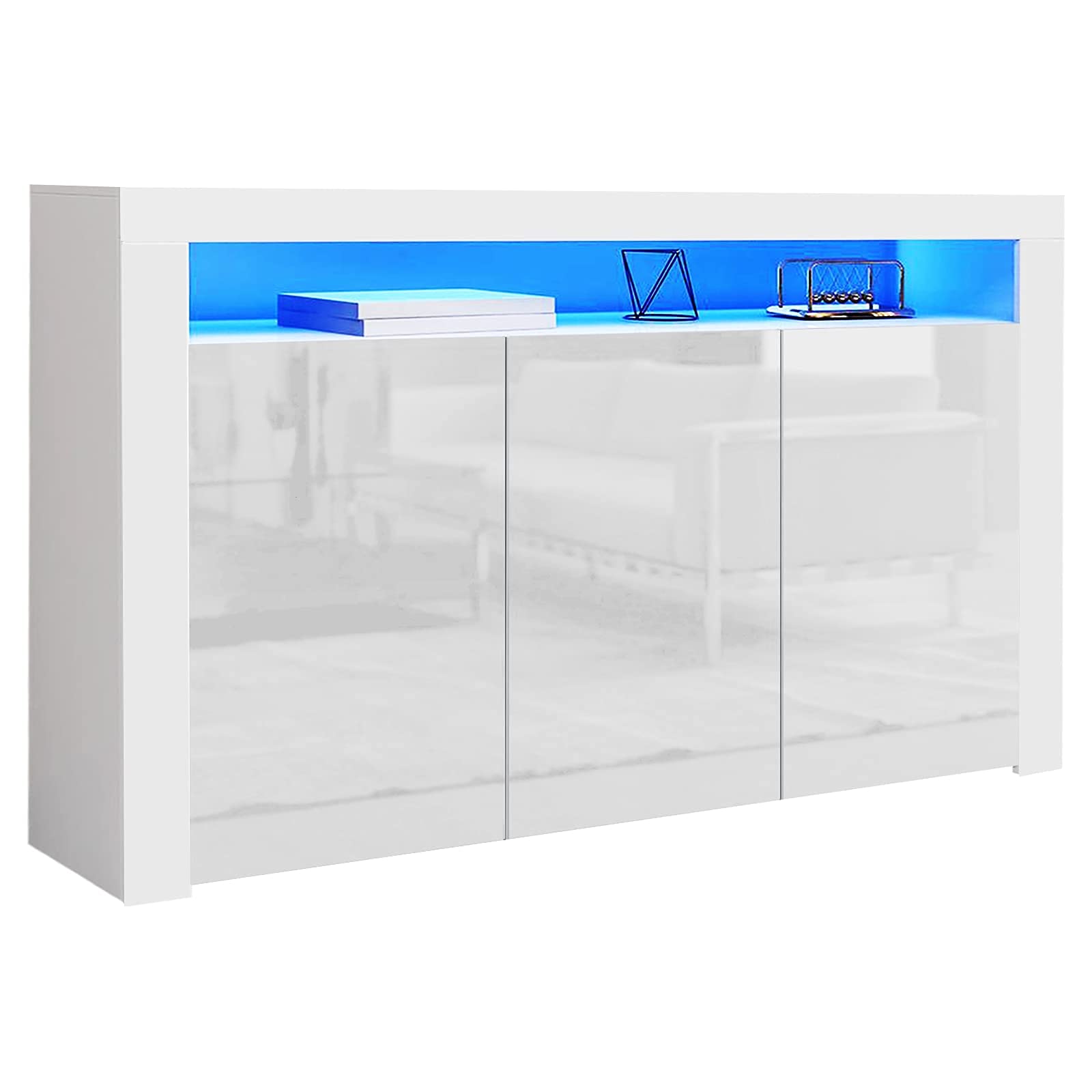 White High Gloss Led Sideboard Cupboard With RGB Led Lights +Remote For