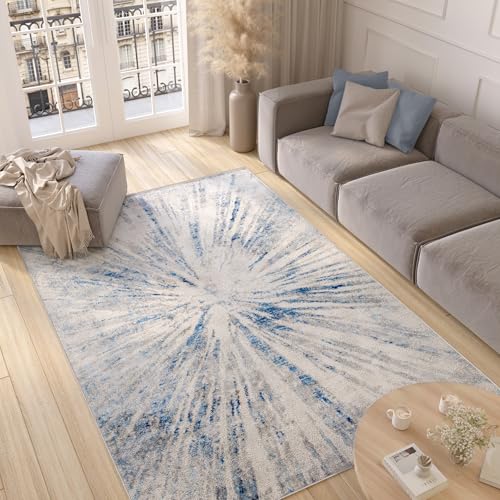 TAPISO Valley Teppich Kurzflor Grau Blau Beige Mehrfarbig Modern Verwischt Linien Abstrakt Design Wohnzimmer Schlafzimmer Flur ÖKO-TEX 120 x 250 cm