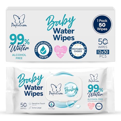 Image of PAPILION 99% Water Baby Wipes, Extra Large Diaper Wipes for Sensitive Skin, Unscented & Fragrance-Free, Dermatologically Tested, Soft & Durable Fabric, Flip-Top Pack, Gentle Cleansing, 50 Count