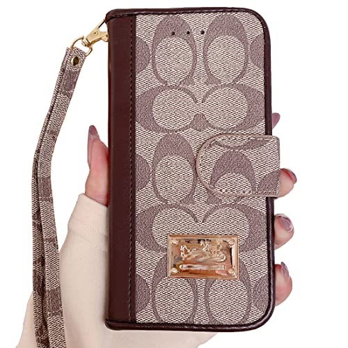 Adriolo Luxury Monogram Wallet Case for iPhone 12 Pro Max Classic Designer Case Premium PU Leather Flip Protective Cover Case for iPhone 12 Pro Max(Khaki-6.7 inch)