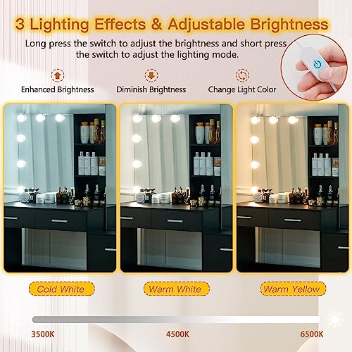usikey 47.2 inch Large Vanity Desk with 10 Lights Bulbs & Full-Length Mirror, Makeup Vanity with Lights and 5 Drawers, Vanity Table Set with Mirror Cabinet and Storage Shelves, Black
