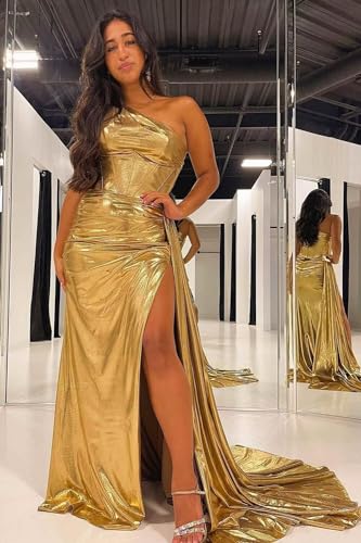 Metallic Satin Mermaid Prom Dresses Sparkly One Shoulder Bridesmaid Dress Corset Formal Evening Party Gowns with Slit4