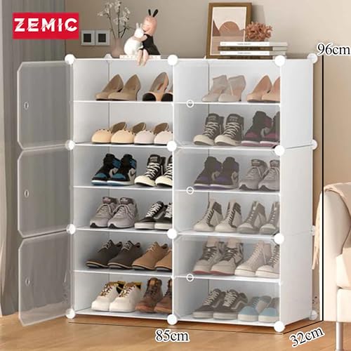 Image of Zemic 12 Shelf DIY Shoe Rack Plastic ^ Multi-Purpose Plastic Shoe Rack for Home Plastic Shelves, PP Plastic Home Shoe Rack with Door for Entryway, Chappal Slipper Shoe Stand (White, 12-Shelf-6-Door)