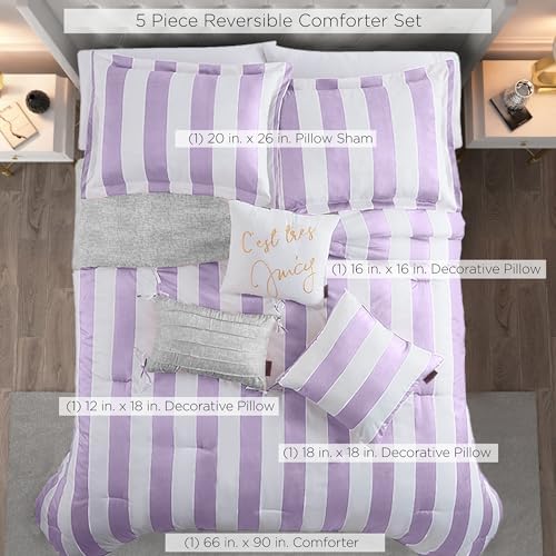 Image of Juicy Couture Cabana Stripe Reversible Bedding Set - Twin /Twin XL Size - Lavender /White Stripe Print - 5 Piece Set - Includes 1 66 inch x 90 inch Comforter, 3 Decorative Pillows, 1 Sham