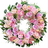 22 Inch Spring Summer Wreaths for Front Door,Artificial Floral Decoration Wreath with Pink Phalaenopsis Hydrangea Leaves for Home Wall Window Easter Wedding Valentine Party Indoor Outdoor Decor