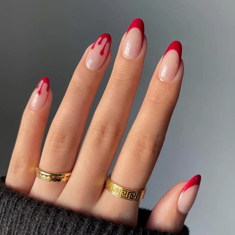 KOLONAMS 24Pcs French Tips Press on Nails Halloween Almond Shape Red Fake Nails Press on Nails Medium Length Acrylic Nails Blood Artificial Nails Full Cover Stick on Nails for Women and Girls