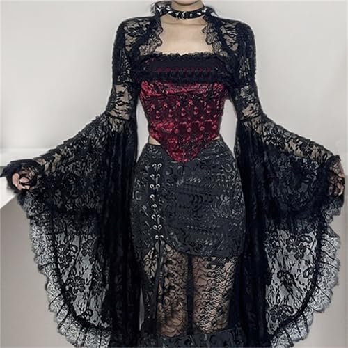 Victorian Lace Bolero Shrug Top Women Goth Sheer Bell Sleeve Y2k Rave3