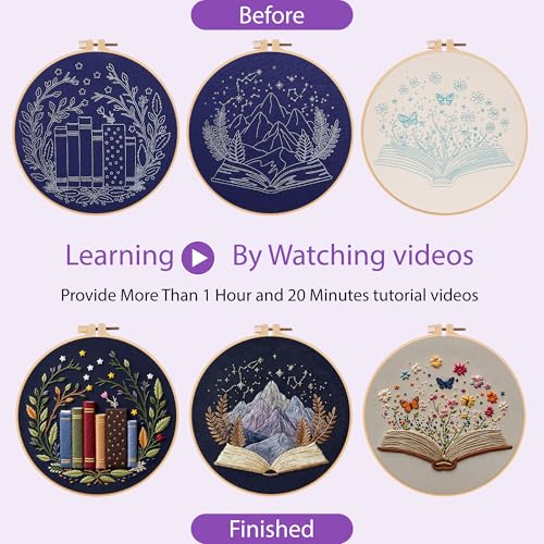 Image of Uniartfy 3 Pack Embroidery Starter Kit, Stamped Book Flower Mountain Butterfly Cross Stitch Kits for Beginners, Needlepoint Kits Adults with Embroidery Hoop and Instructions, Hand Embroidery Kit