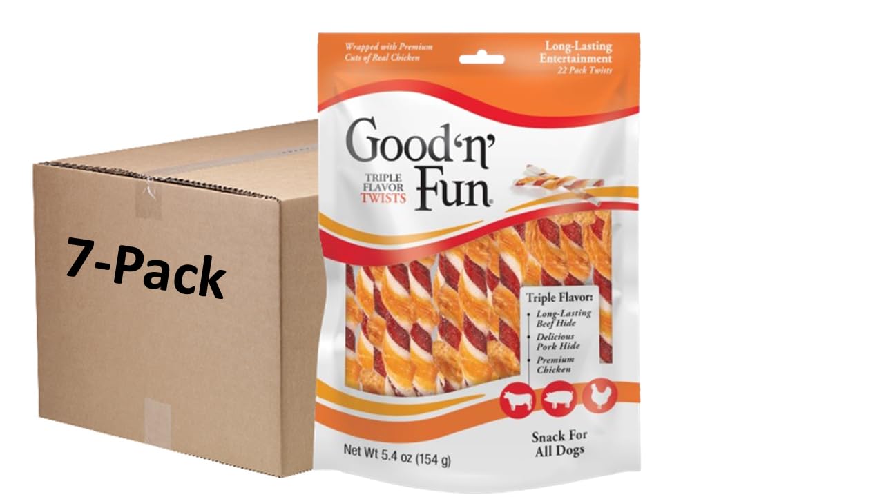 Good 'N' Fun Triple Flavor Twist Rawhide Treats For Dogs, 22 count (7 pack)