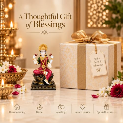 Image of ARMONIA Laxmi Mata Idol with Lotus Throne & Golden Crown | Mahalakshmi Devi Murti for Home Mandir, Pooja Room, Living Room & Office | Lakshmi Statue for Varalakshmi, Diwali & Housewarming Gift | 13 cm