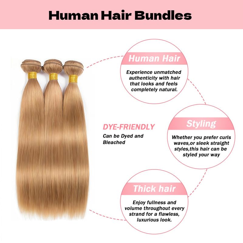 Honey Blonde Human Hair Bundles 22 24 26 Inch 12A Straight Bundles Human Hair Brazilian Virgin Hair 3 Bundles Double Weft Hair Extensions for Women 27 Color