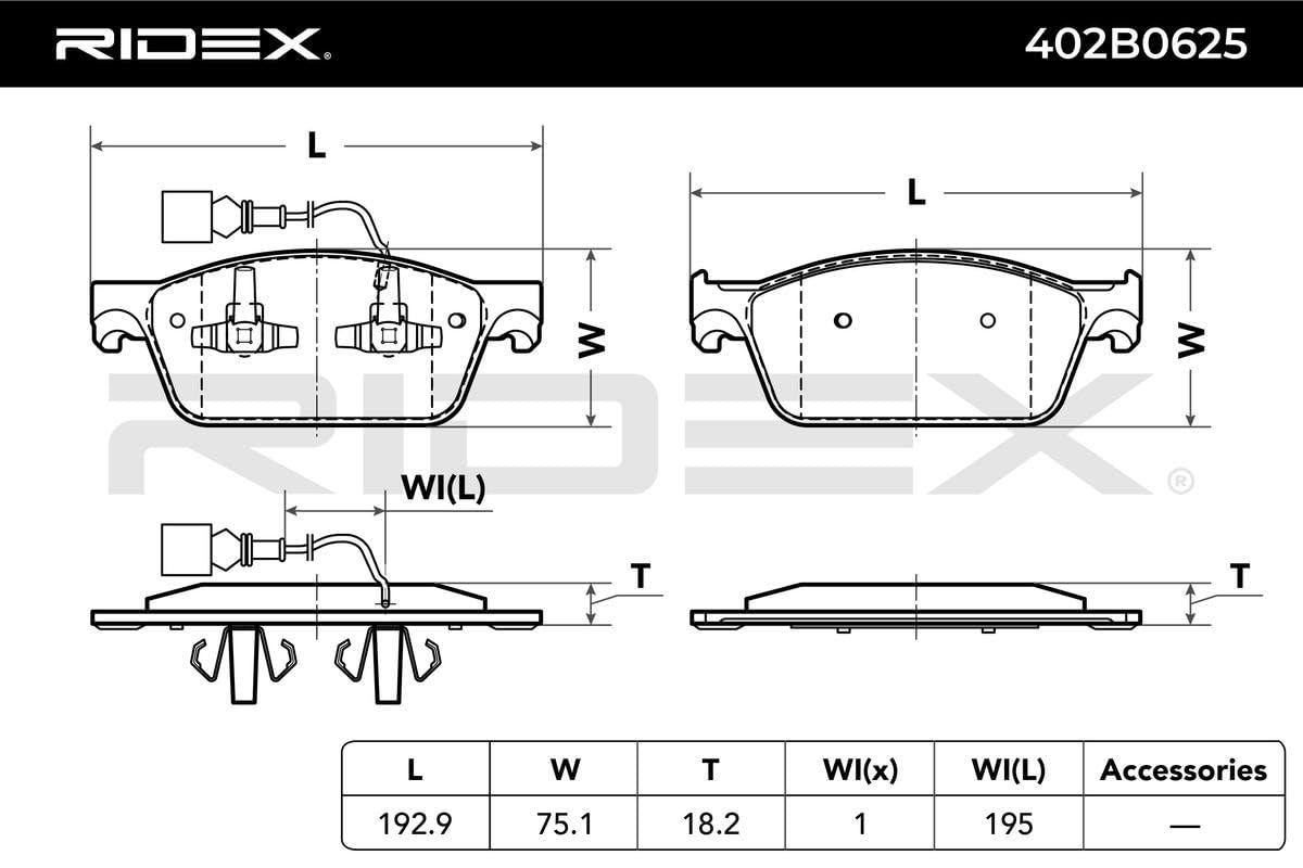 RIDEX 402B0625 Juego para eje Juego de pastillas de freno Delantero con clip de émbolo Compatible con VW Multivan T5 7HM, 7HN, 7HF, 7EF, 7EM, 7EN