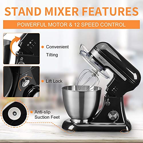 Geek Chef GSM45B Stainless Steel 2.6 Quart Bowl 12 Speed Kitchen Countertop Baking Food Stand Mixer with Beater Paddle, Dough Hook, and Whisk, Black - Thumbnail 3