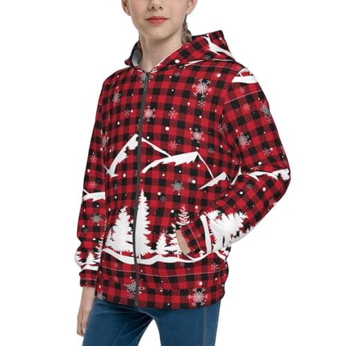 Christmas Tree Buffalo Plaid Kid Hoodies Boys Zip Up Sweatshirts Girls Pullover with Pocket
