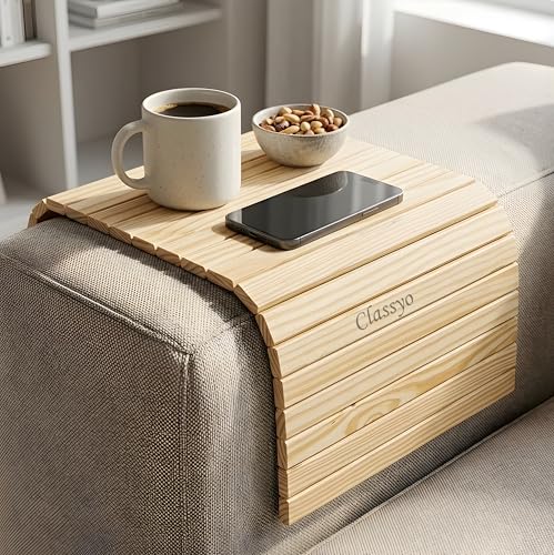 Image of Classyo Sofa Armrest Tray, Sofa Arm Tray - Dining Table Mats Flexible & Foldable - Suitable for Food, Drinks, Snacks, Cup- Pine Wood (11 in x 17 in)