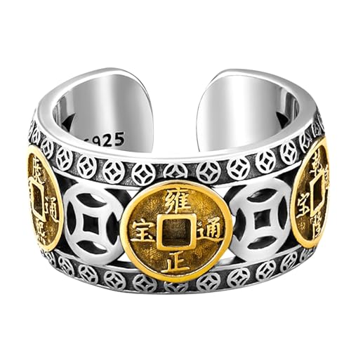 Kucheed Feng Shui PiXiu Mantra Ring, Silver Buddhist Good Luck Finger Rings,MANI Amulet Mantra Jewelry,Double Protection Wealth Love Health Band,Vintage Open Adjustable Rings Gifts for Men Women (K)