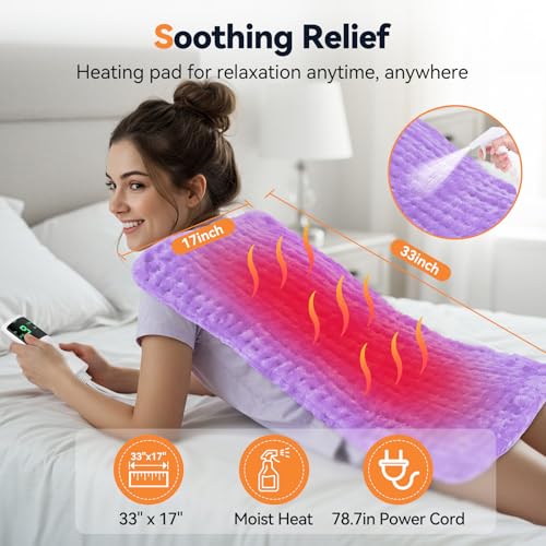 Image of Heating Pad for Back Pain, 17 inchx33 inch Electric Heat Pad with 9 Heat Levels & 4 Auto-Off Timers, Portable Heating Pad for Period Cramps, Shoulder, Neck, Machine Washable, Gifts for Women Men, Purple