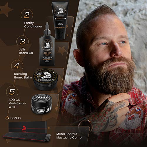 Bossman Complete Beard Kit - Men's Beard Oil Jelly, Fortify Shower Conditioner, Balm, Mustache Wax And Comb - Beard Softener, Growth, Care And Grooming Products Kit (Stagecoach) #TOP2
