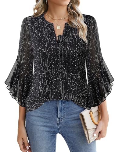 Timeson 3/4 Length Sleeve Womens Tops Dressy Casual Business Work Blouses Chiffon Fall Shirts2