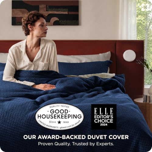 Image of Bedsure Cotton Duvet Cover Set - 100% Cotton Waffle Weave Navy Duvet Cover Oversized King Size, PureWoven Breathable Bedding Set for All Season, 3 Pieces, 120 inchx98 inch