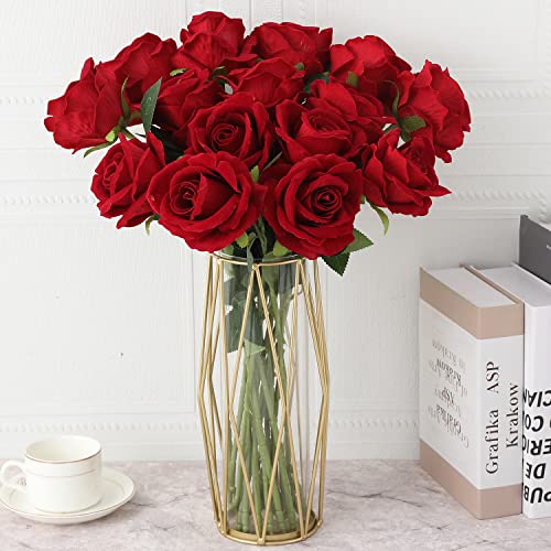 Cloudecor 15Pcs Fake Roses Velet Roses Long Stem Artificial Flowers Silk Flowers for Home Wedding Decoration (Round Roses,Dark Red) - Image 2