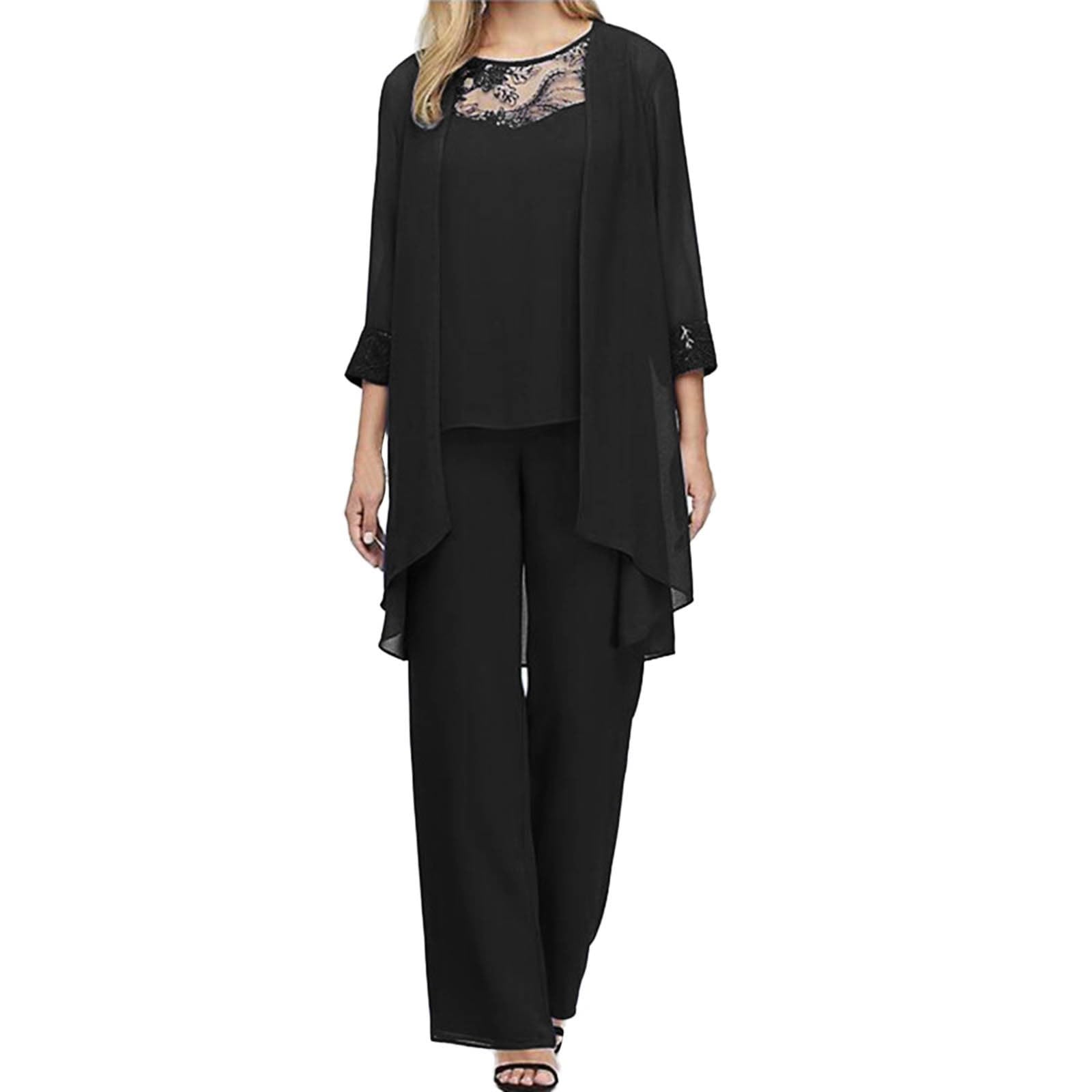 3 Pièces Ensemble Femme Chic Et Elegant- Ensemble Pantalon Et Haut Fluide Couleur Unie Mousseline De Soie Décontracté Coupe Ample Gilet + Cardigans Léger Confortable Soirée Fête Tailleurs Pas Cher